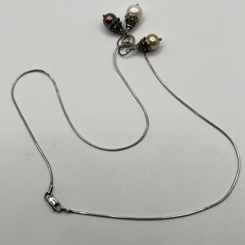 THREE ETRUSCAN LOOK PEARL AND STERLING PENDANTS ON 18” STERLING SNAKE CHAIN - Picture 8 of 8